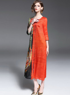 Chic 3/4 Sleeve Print Hit Color Maxi Dress
