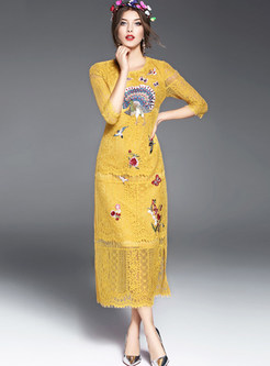 Elegant Lace Embroidered Half Sleeve Maxi Dress