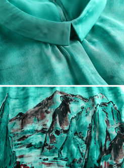 High-end Short Sleeve Ink Print Silk Shift Dress
