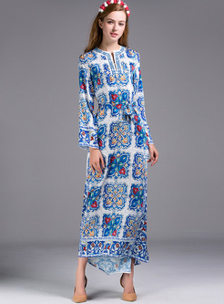 Ethnic Floral Print Bead Skinny Asymmetric Maxi Dress