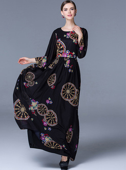 Ethnic Wheel Print High Waist Maxi Dress