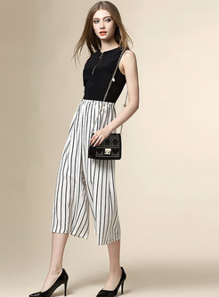 Brief O-Neck Sleeveless Striped Patch Jumpsuit