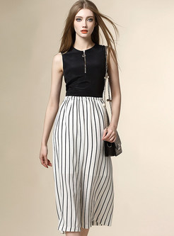Brief O-Neck Sleeveless Striped Patch Jumpsuit