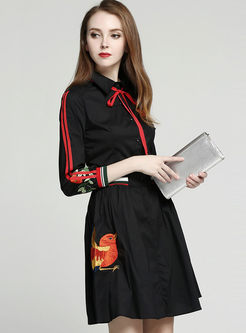 Brief Long Sleeve Embroidery Lapel Bowknot Skater Dress