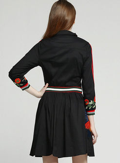 Brief Long Sleeve Embroidery Lapel Bowknot Skater Dress