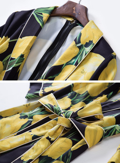 Stylish Tulip Print Lapel Belted Maxi Dress