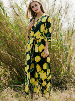 Stylish Tulip Print Lapel Belted Maxi Dress