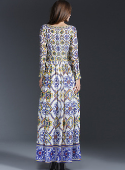 Ethnic Floral Print High Waist Maxi Dress