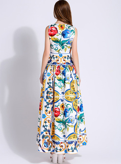 Ethnic Multicolor Print O-neck Sleeveless Maxi Dress