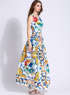 Ethnic Multicolor Print O-neck Sleeveless Maxi Dress