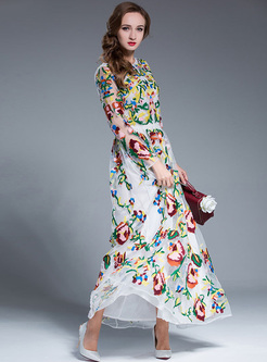 Elegant Mesh Patch Waist Embroidery Maxi Dress