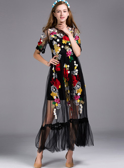 Chic Flower Embroidery Waist Perspective Maxi Dress