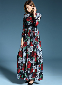 Vintage Flower Print High Waist Big Hem Long Dress