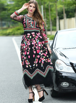 Ethnic Flower Embroidery High Waist Maxi Dress