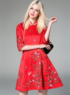 Ethnic Nipped Waist Embroidery Stand Collar Skater Dress