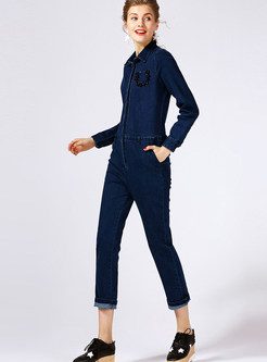 Fashionable Long Sleeve Patchwork Denim Jumpsuits