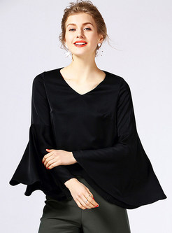 Elegant Black Flare Sleeve V-neck T-shirt