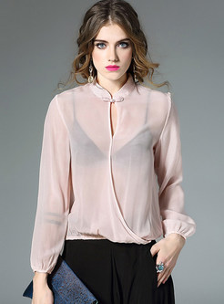 Brief Pure Color Stand Collar Blouse