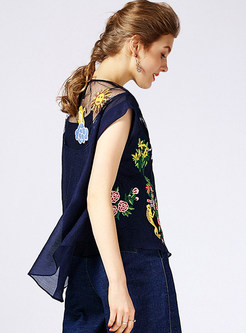 Cute Embroidery Asymmetric Loose Top