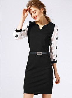 Brief OL V-neck 3/4 Sleeve Embroidery Patchwork Bodycon Dress With Belt