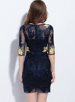 Jacquard Embroidery Half Sleeve Lace Dress