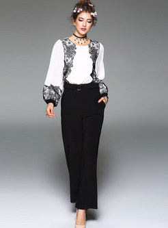 Elegant Puff Sleeve Lace Patch High Waist Jumpsuits