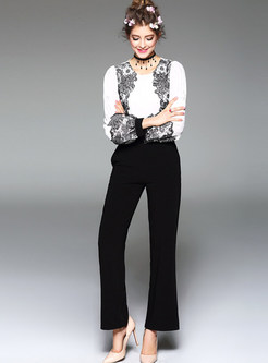 Elegant Puff Sleeve Lace Patch High Waist Jumpsuits