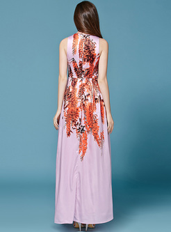 Elegant Floral Print High Waist Sleeveless Maxi Dress