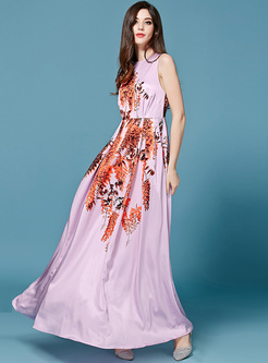 Elegant Floral Print High Waist Sleeveless Maxi Dress