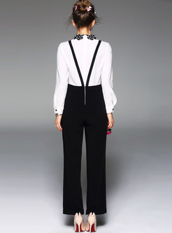 Stylish Black & White Hit Color Long Sleeve Lapel Jumpsuits