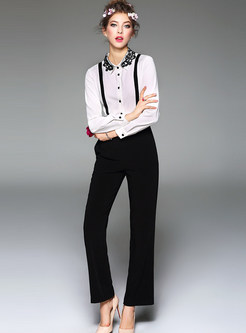 Stylish Black & White Hit Color Long Sleeve Lapel Jumpsuits