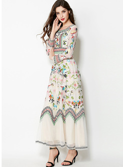 Ethnic Floral Print High Waist Big Hem Maxi Dress