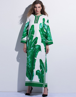 Loose Banana Leaf Print Split Maxi Dress