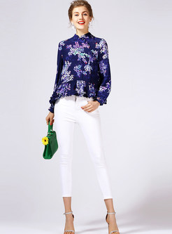 High-end Loose Stand Collar Print Pullover Silk Blouse