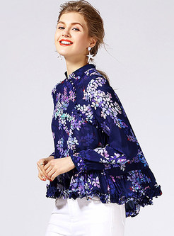 High-end Loose Stand Collar Print Pullover Silk Blouse