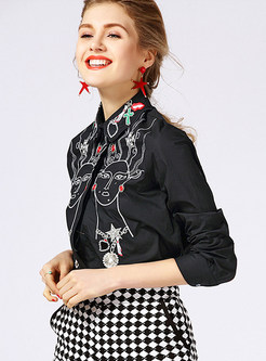 Brief Long Sleeve Lapel Embroidery Blouse
