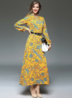 Vintage Floral Print Waist Big Hem Maxi Dress