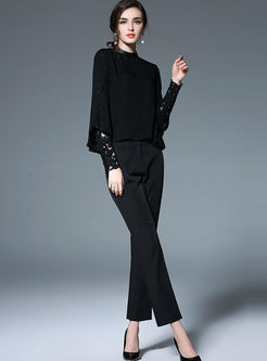 Stylish Long Sleeve Stand Collar Patchwork Hollow Blouse
