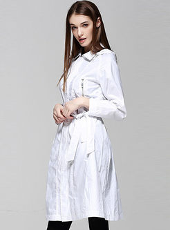 White Long Sleeve Lapel Belted Trench Coat
