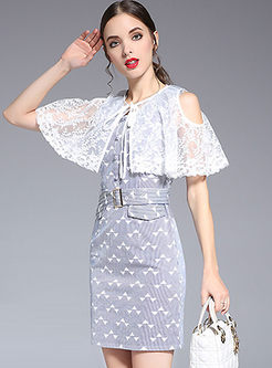 Elegant Sleeveless V-neck Print Bodycon Dress With Lace Shawl