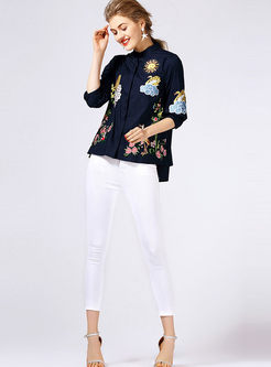 Brief Half Sleeve Stand Collar Embroidery Blouse