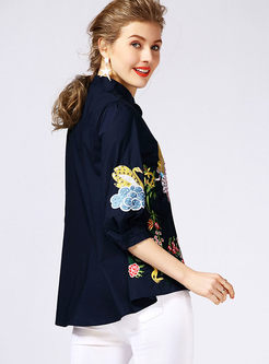 Brief Half Sleeve Stand Collar Embroidery Blouse