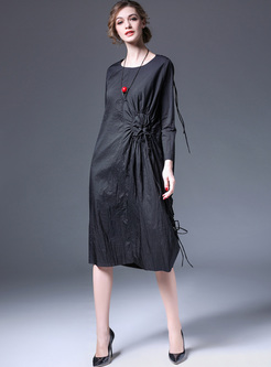 Stylish Black Asymmetric Pleat Midi Shift Dress