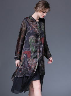 Chic Single-breasted Stand Collar Print Shirt Dress