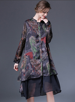 Chic Single-breasted Stand Collar Print Shirt Dress