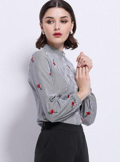 Stylish Stand Collar Stripe Embroidered Blouse