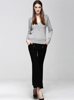 Brief V-neck Jacquard Long Sleeve Sweater