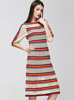 Stylish Hollow Out Stripe Patchwork Hit Color Skater Dress