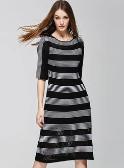 Chic Slim Hit Color Stripe Hollow Out Skater Dress