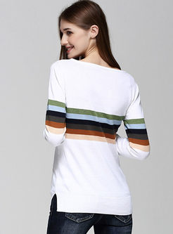 Casual Slash Neck Stripe Long Sleeve Jacquard Sweater